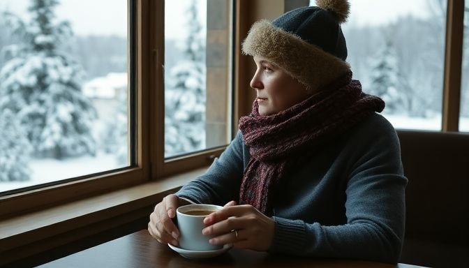 Άτομο με ζεστά ρούχα και καφέ σε χιονισμένο τοπίο