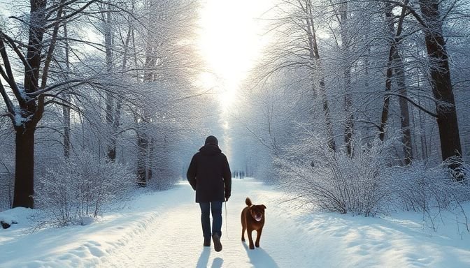 Άτομο με σκύλο σε χιονισμένο δάσος