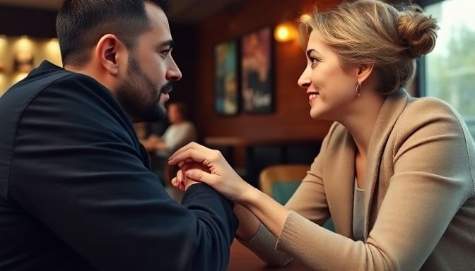 Δύο άτομα σε καφέ σε συνομιλία με σωματική επαφή