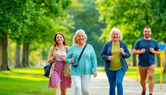 Άνθρωποι περπατούν σε ένα όμορφο πάρκο, απολαμβάνοντας τη θετική επίδραση του καθημερινού περπατήματος στην υγεία.