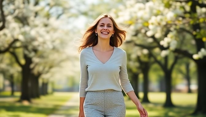 Γυναίκα περπατά σε ηλιόλουστο πάρκο