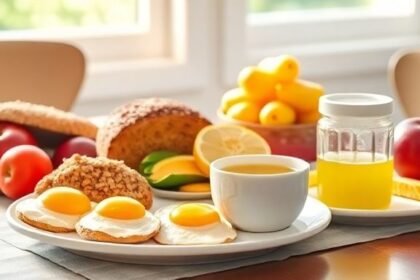 Ένα ισορροπημένο πρωινό, πλούσιο σε πρωτεΐνες και φρούτα, που αντικατοπτρίζει τη σημασία του χρονισμού των γευμάτων για την απώλεια βάρους.