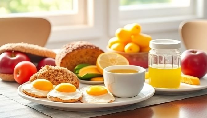 Ένα ισορροπημένο πρωινό, πλούσιο σε πρωτεΐνες και φρούτα, που αντικατοπτρίζει τη σημασία του χρονισμού των γευμάτων για την απώλεια βάρους.