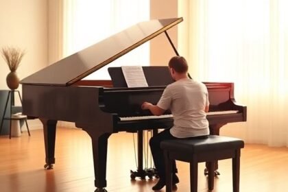 Ένα άτομο που παίζει πιάνο σε φωτεινό δωμάτιο, αποτυπώνοντας τη χαρά και τα γνωστικά οφέλη της μουσικής.