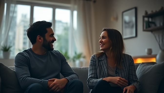 Ζευγάρι συζητά για τη σεξουαλικότητα σε ένα άνετο σαλόνι