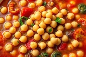 Ένα πιάτο ρεβιθάδας με μπουκίτσες από ρεβίθια, λαχανικά και μυρωδικά, απεικονίζοντας την ελληνική παραδοσιακή μαγειρική.