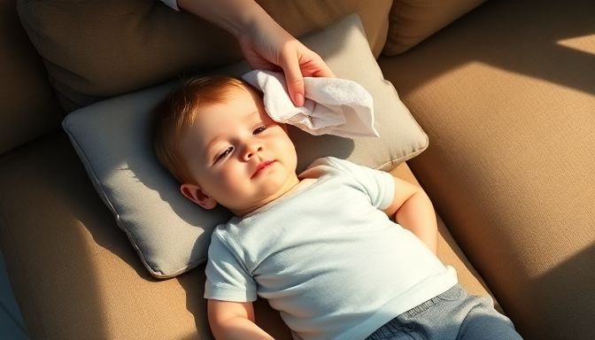 Παιδί στο καναπέ με δροσερή κομπρέσα