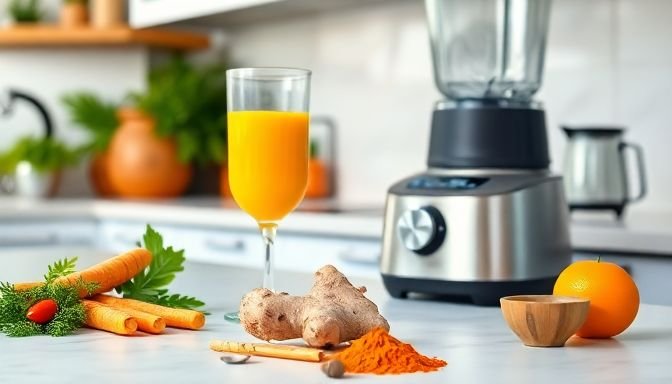 Φρέσκα υλικά όπως καρότα και τζίντζερ σε κουζίνα