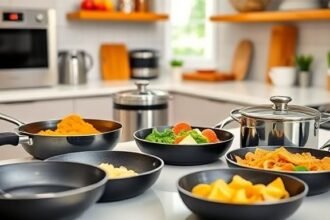 Κουζίνα με αντικολλητικά σκεύη, αναδεικνύοντας τη χρήση τους σε υγιεινό μαγείρεμα.