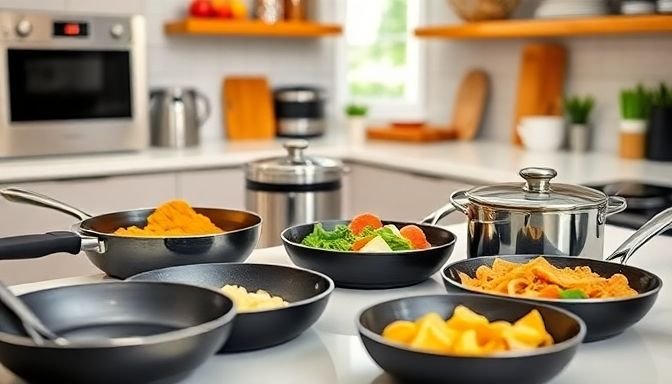 Κουζίνα με αντικολλητικά σκεύη, αναδεικνύοντας τη χρήση τους σε υγιεινό μαγείρεμα.