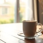 Φλυτζάνι καφέ σε ξύλινο τραπέζι με φυσικό φως το πρωί, περιβάλλεται από υγιεινές επιλογές πρωινού.