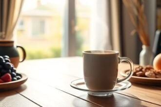 Φλυτζάνι καφέ σε ξύλινο τραπέζι με φυσικό φως το πρωί, περιβάλλεται από υγιεινές επιλογές πρωινού.