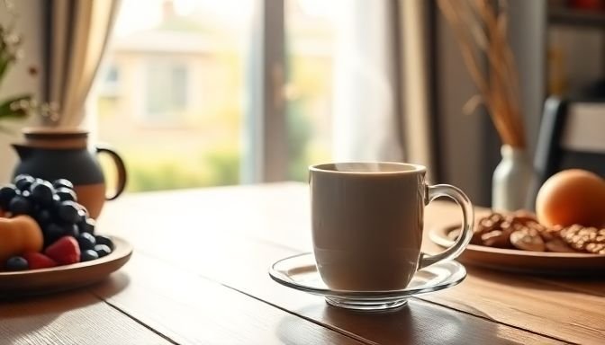 Φλυτζάνι καφέ σε ξύλινο τραπέζι με φυσικό φως το πρωί, περιβάλλεται από υγιεινές επιλογές πρωινού.