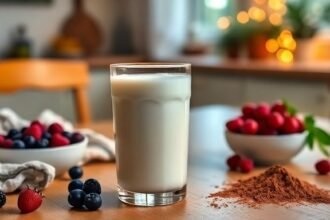 Κεφίρ σε ποτήρι με φρέσκα μούρα και σκόνη κακάο.