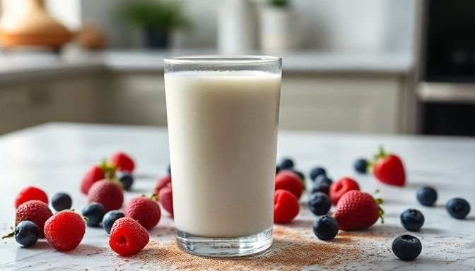 Φρέσκο κεφίρ με μούρα στο τραπέζι της κουζίνας