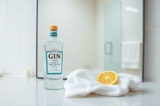 Καθρέφτης μπάνιου που καθαρίζεται με τζιν και βαμβακερό πανί.