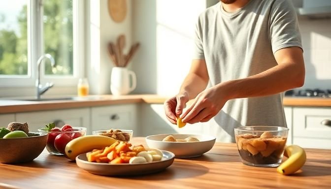 Άτομο ετοιμάζει υγιεινό γεύμα σε ηλιόλουστη κουζίνα