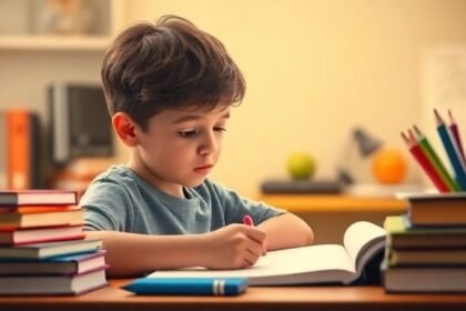 Παιδί που μελετά σε ένα γραφείο, εμφανίζοντας συγκέντρωση και και ανησυχία.