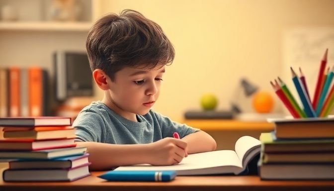 Παιδί που μελετά σε ένα γραφείο, εμφανίζοντας συγκέντρωση και και ανησυχία.