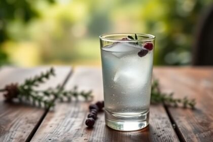 Ένα ποτήρι τζιν με άρκεθους και βότανα σε φυσικό περιβάλλον.