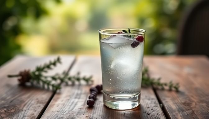 Ένα ποτήρι τζιν με άρκεθους και βότανα σε φυσικό περιβάλλον.