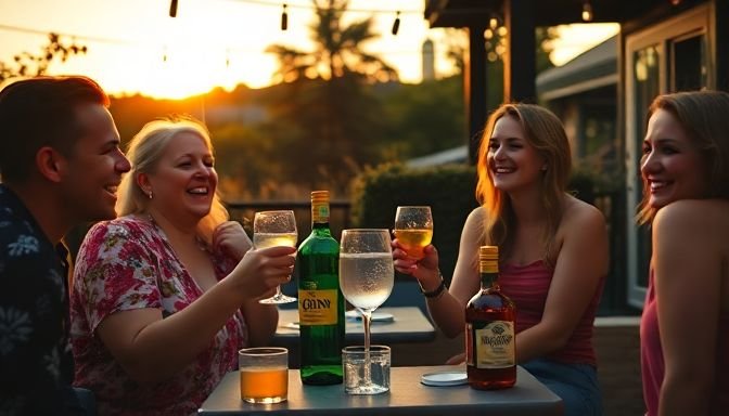 Φίλοι απολαμβάνουν κοκτέιλ τζιν σε εξωτερικό χώρο κατά τη διάρκεια του ηλιοβασιλέματος