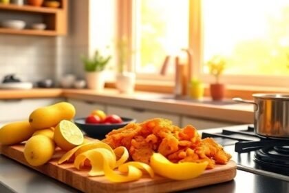 Φωτογραφία μιας φιλόξενης κουζίνας με φυσικό φωτισμό, όπου οι φλούδες πατάτας και λεμονιού χρησιμοποιούνται για την εξουδετέρωση μυρωδιών.