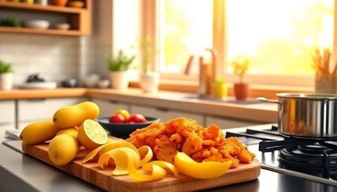 Φωτογραφία μιας φιλόξενης κουζίνας με φυσικό φωτισμό, όπου οι φλούδες πατάτας και λεμονιού χρησιμοποιούνται για την εξουδετέρωση μυρωδιών.