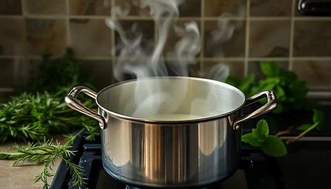 Κατσαρόλα με αρωματικά φυτά στον πάγκο