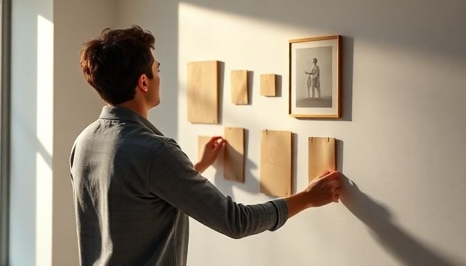 Άτομο που δοκιμάζει τη θέση έργων τέχνης σε τοίχο
