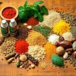 Φρέσκα βότανα και μπαχαρικά σε ξύλινη επιφάνεια, δείχνουν πώς να νοστιμίσουμε τα φαγητά χωρίς αλάτι.