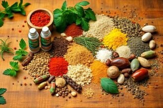 Φρέσκα βότανα και μπαχαρικά σε ξύλινη επιφάνεια, δείχνουν πώς να νοστιμίσουμε τα φαγητά χωρίς αλάτι.