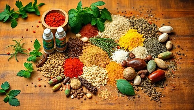 Φρέσκα βότανα και μπαχαρικά σε ξύλινη επιφάνεια, δείχνουν πώς να νοστιμίσουμε τα φαγητά χωρίς αλάτι.