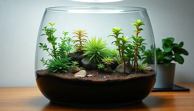 Μικρά φυτά σε terrarium κάτω από απαλό φωτισμό