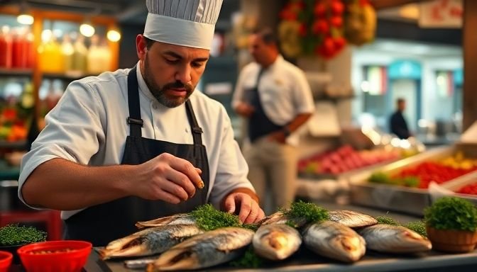 Σεφ που προσθέτει μυρωδικά σε ψητό ψάρι