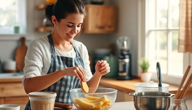 Μαγείρισσα ανακατεύει τα υλικά για banana bread