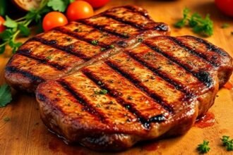 Ζουμερές μπριζόλες γαρνιρισμένες με φρέσκα μυρωδικά