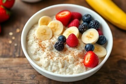 Μπωλ βρώμης με φρέσκα μούρα και μπανάνα