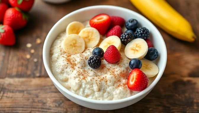 Μπωλ βρώμης με φρέσκα μούρα και μπανάνα