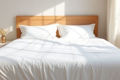 Κρεβάτι με καθαρά, απαλές σεντόνια σε ήρεμο περιβάλλον.