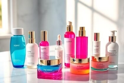 Λαμπερή ρουτίνα περιποίησης προσώπου με πολυτελή καλλυντικά σε μάρμαρο.