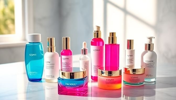 Λαμπερή ρουτίνα περιποίησης προσώπου με πολυτελή καλλυντικά σε μάρμαρο.