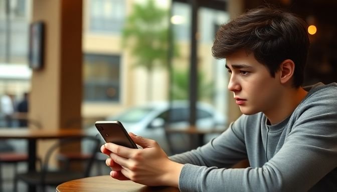 Νέος άνδρας με ανήσυχο βλέμμα στο κινητό του