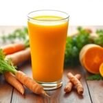 Φρέσκος χυμός καρότου με κουρκουμά σε διάφανο ποτήρι σε ξύλινη επιφάνεια.