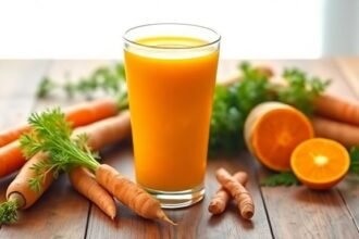 Φρέσκος χυμός καρότου με κουρκουμά σε διάφανο ποτήρι σε ξύλινη επιφάνεια.