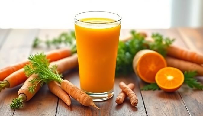 Φρέσκος χυμός καρότου με κουρκουμά σε διάφανο ποτήρι σε ξύλινη επιφάνεια.