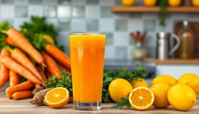 Φωτογραφία ενός φρέσκου χυμού καρότου με κουρκουμά σε μια κουζίνα