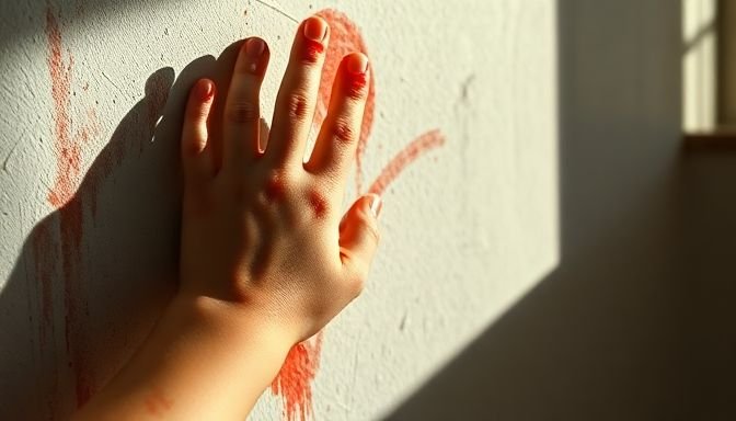 Χέρι παιδιού με λεκέδες από χρώμα στον τοίχο