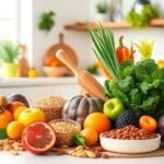 Διαφορετικά φρούτα και λαχανικά σε μια υγιεινή και φωτεινή κουζίνα, που αντιπροσωπεύουν έναν υγιή τρόπο ζωής.