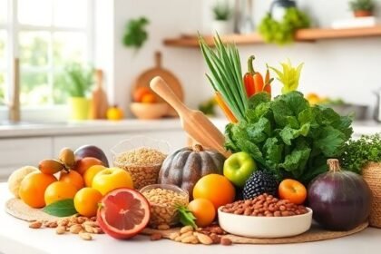 Διαφορετικά φρούτα και λαχανικά σε μια υγιεινή και φωτεινή κουζίνα, που αντιπροσωπεύουν έναν υγιή τρόπο ζωής.